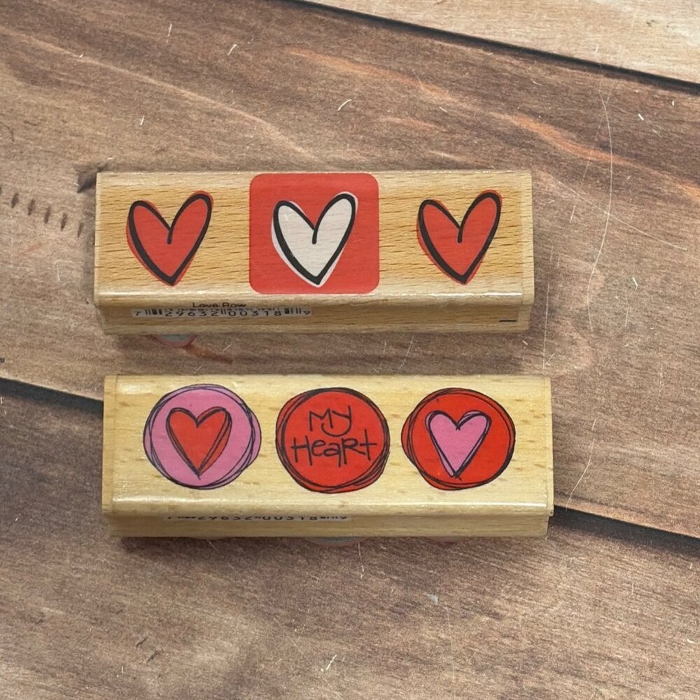 MIXED LOT OF 2 WOOD RUBBER STAMP HEART VALENTINES DAY KATIE & CO. KOLETTE HALL